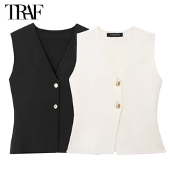 TRAF 2024 Cropped Knit Vest Women Summer Sleeveless Vests for Women Button Crop Vest Top Women Holiday Beach Female Vest