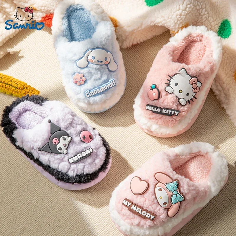 

Sanrio Autumn And Winter Plush Slippers Kawaii Kuromi Hello Kitty Slip-resistant Warm Plush Indoor Children's Cotton Slippers