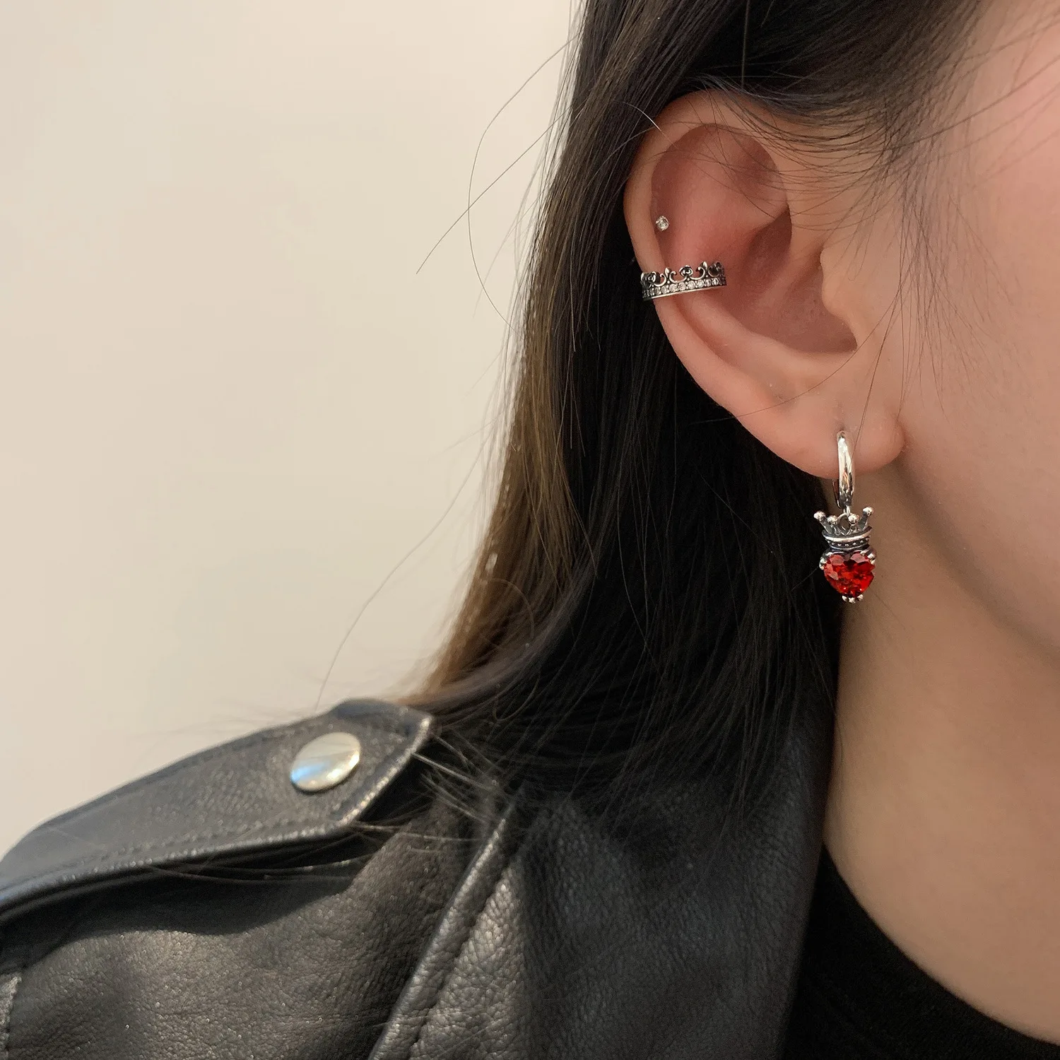 OIMG Silver - Plated Vintage Thai Silver Crown Love Heart Hoop Earrings For Women Crystal Red Gem Earring Trendy Jewelry