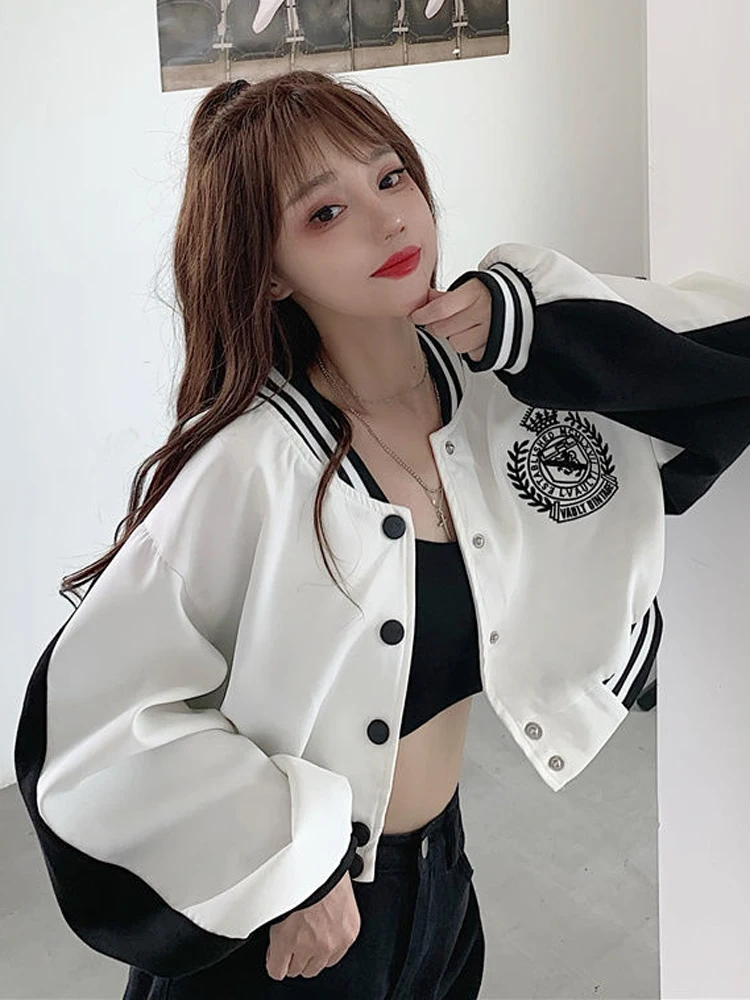 

Sexy Cropped Baseball Jackets Women Harajuku Patchwork Embroidery Outwear Korean Casual Button Female Tops Spring Clothes