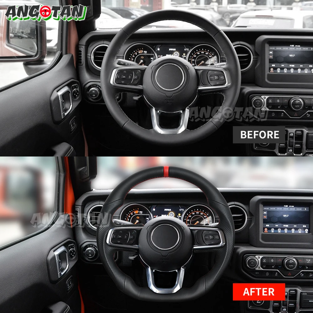 Full Leather Car Steering Wheel Perforated For Jeep Wrangler JL 2018-2023 Models Sport Wheel Black Smooth Leather