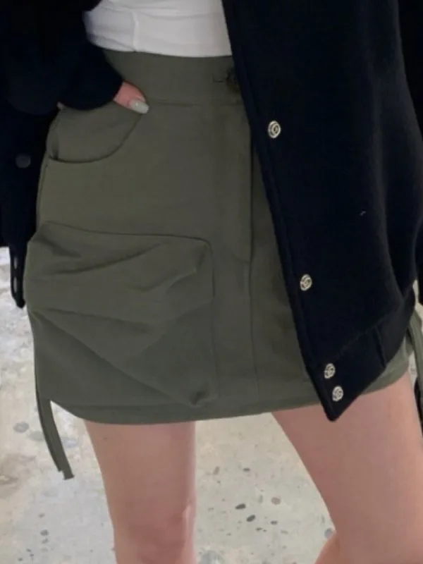 

Retro Sle Workwear A-Line Skirt with Belt And Large kets High Waist Slimming Women's Faion Summer ort Skirt