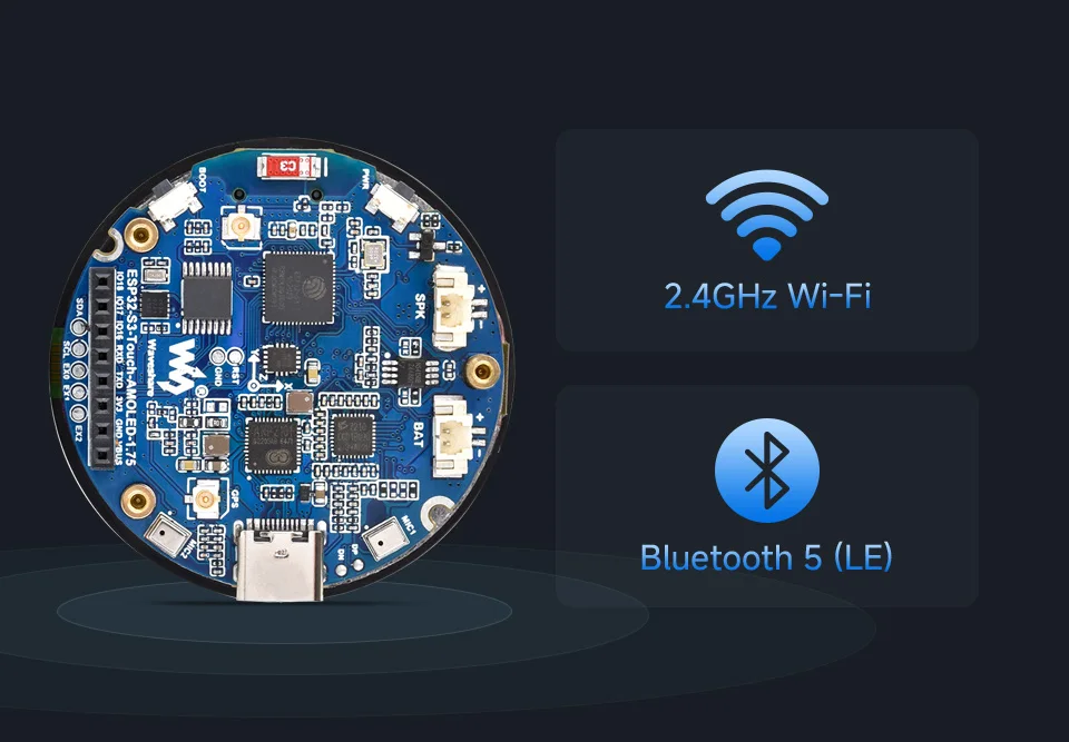 ESP32-S3 1.75inch AMOLED Round Touch Display Development Board, 32-bit LX7 Dual-core Processor, 466×466 Pixels, QSPI Interface