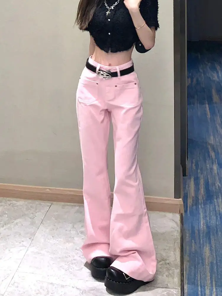 Flare Jeans Pink High Waist Streetwear Loose All-Match Spring Fashion Korean Style Simple Women Asual New Floor Mopping Pants