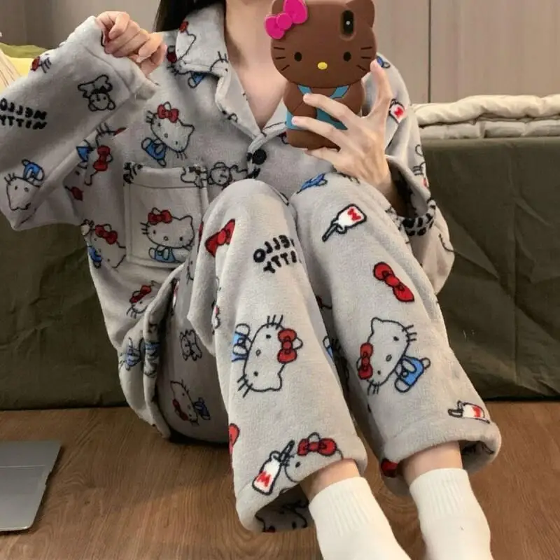 

Kitty Cardigan Pajamas Women Homewear Autumn Winter Thickened Cute Cartoon Warm Flannel Coral Fleece Sanrio Nightwear Set