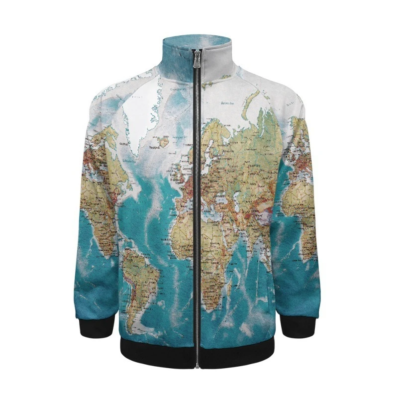 

Dazzling 3D Wrold Map Baseball Jacket Men Bomber Jacket Harajuku Fashion Lapel Collar Zipper Sweatshirt Casual Sportswear Coat