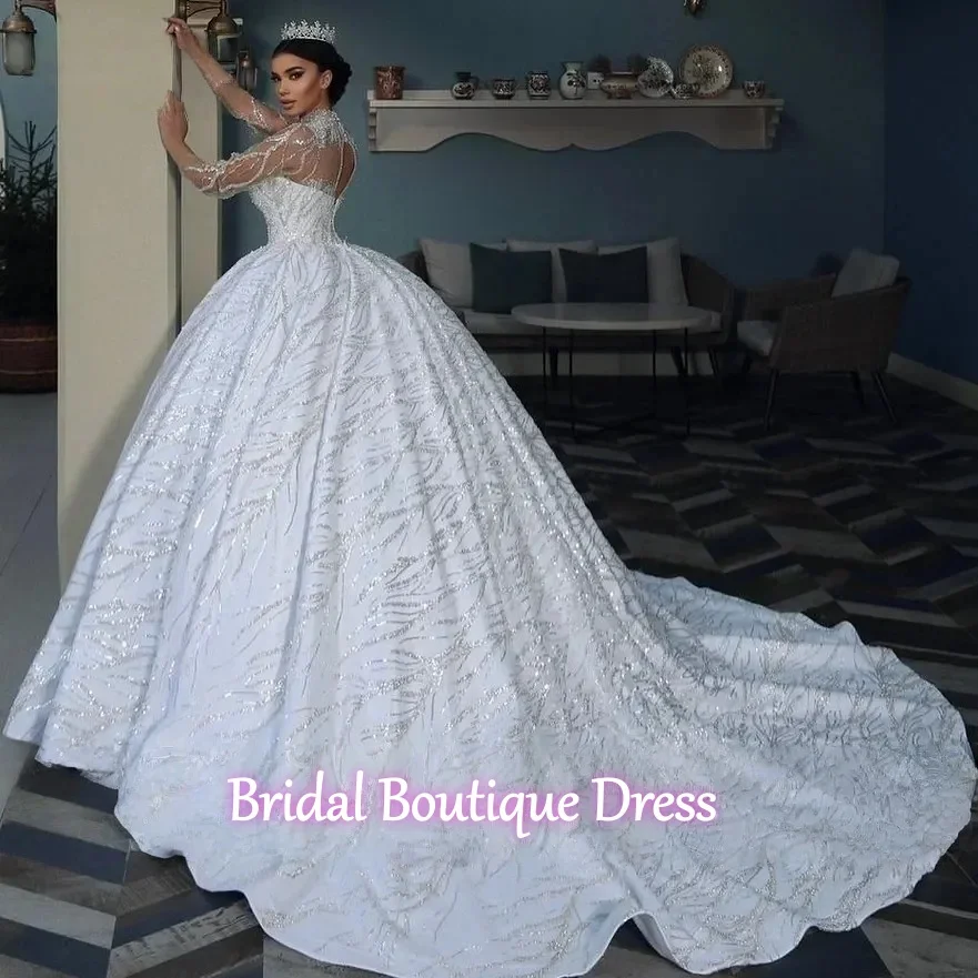 Customized Luxury Ball Gown Wedding Dress For Women Bridal Gown High Collar Sweep Train Long Sleeves Backless Dresses  Vestido