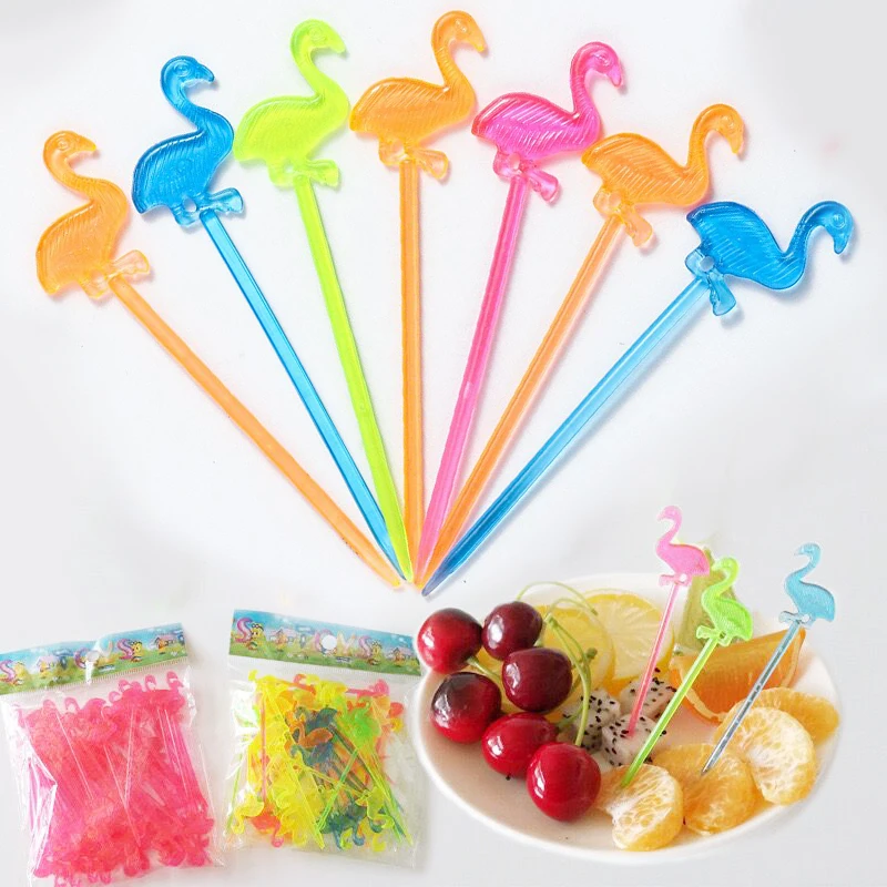 Palillos de comida de flamenco para fiesta hawaiana Luau, tenedor de fruta para cupcakes, pincho de postre, tenedor, palillo de dientes, decoración de boda de cumpleaños de verano, 50/100 piezas