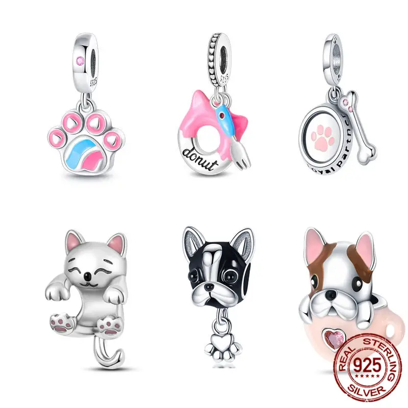 Cute Charm Sterling Silver Fit Pandora Charm for Original Bracelets Puppy Cat Pet Pendant Fine Jewelry Making for Love