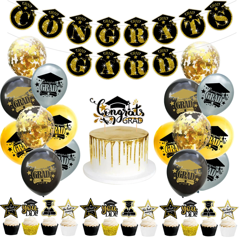 Graduation Balloons Banner Acrylic Cake Topper Disposable Tableware Congratulation Graduation Party Decorations Class Of 2024