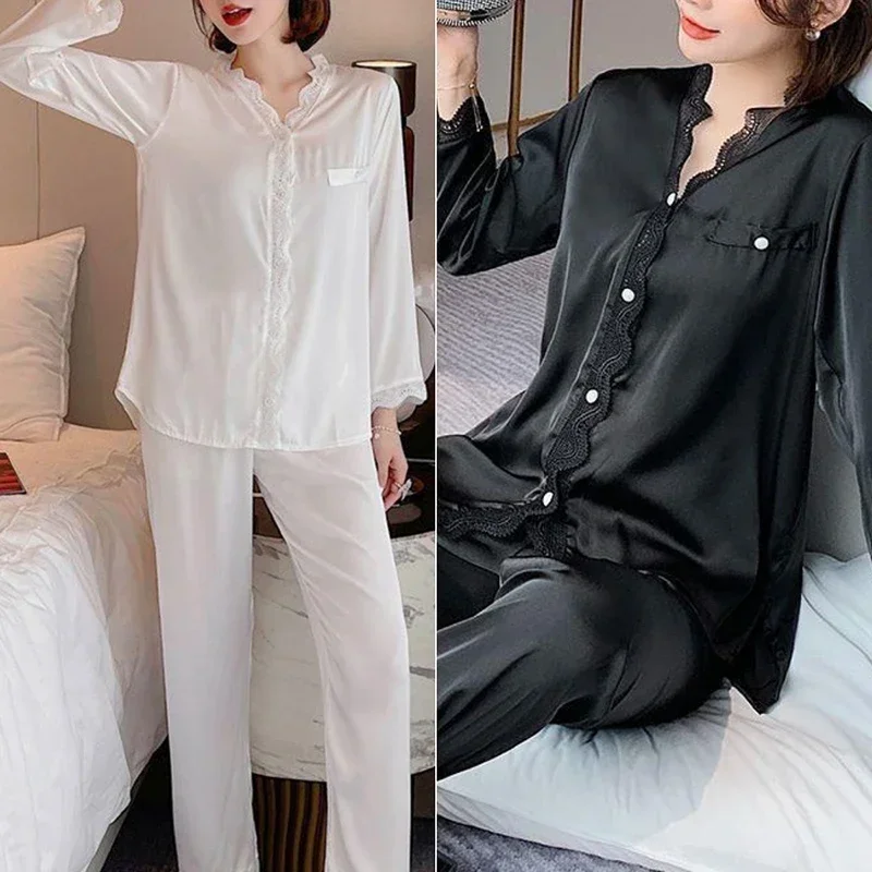 

Ice Silk Pajamas Female Summer Sexy Lace Long-Sleeved Cardigan Two-Piece Suit Net Red Ins Homewear Ladies Sleepwear