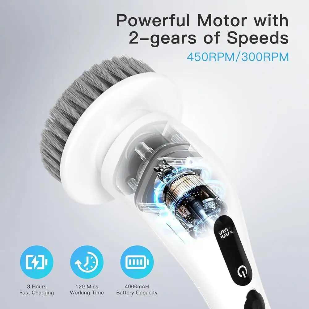 전기 스핀 스크러버 무선 2 속도 저소음 방수 9 브러시 헤드 긴 배터리 수명 욕실 바닥 주방 청소