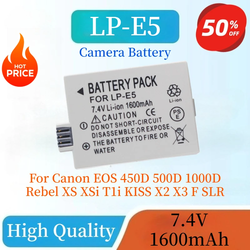 

High Quality LP-E5 LPE5 Replaceable Camera Battery 7.4V 1600mAh For Canon EOS 450D 500D 1000D Rebel XS XSi T1i KISS X2 X3 F SLR