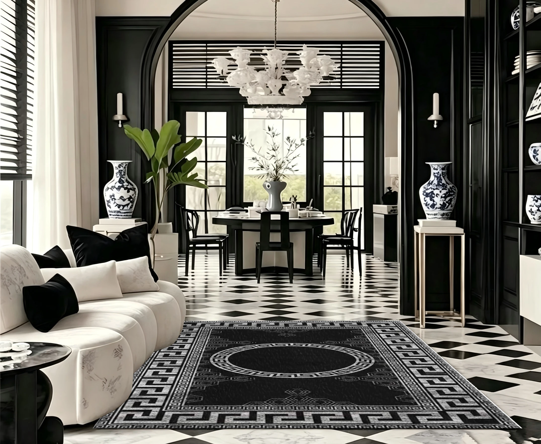 Black Greek Key Pattern Carpet Modern Classic Geometric Carpet Suitable for Living Room Interior Home Decoration