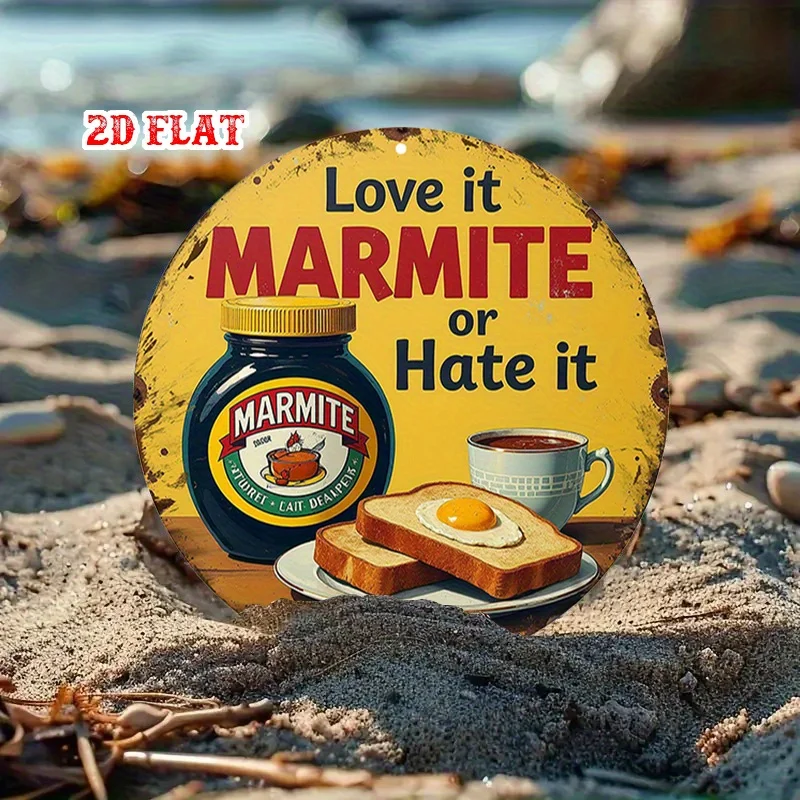 لافتة مسطحة ثنائية الأبعاد، قطعة واحدة من علامة المارميت المستديرة المصنوعة من الألومنيوم - "أحبها أو أكرهها" لوحة فنية جدارية للطعام البريطاني، 7.87 × 7.87 بوصة، ديكو إفطار ريفي #4
