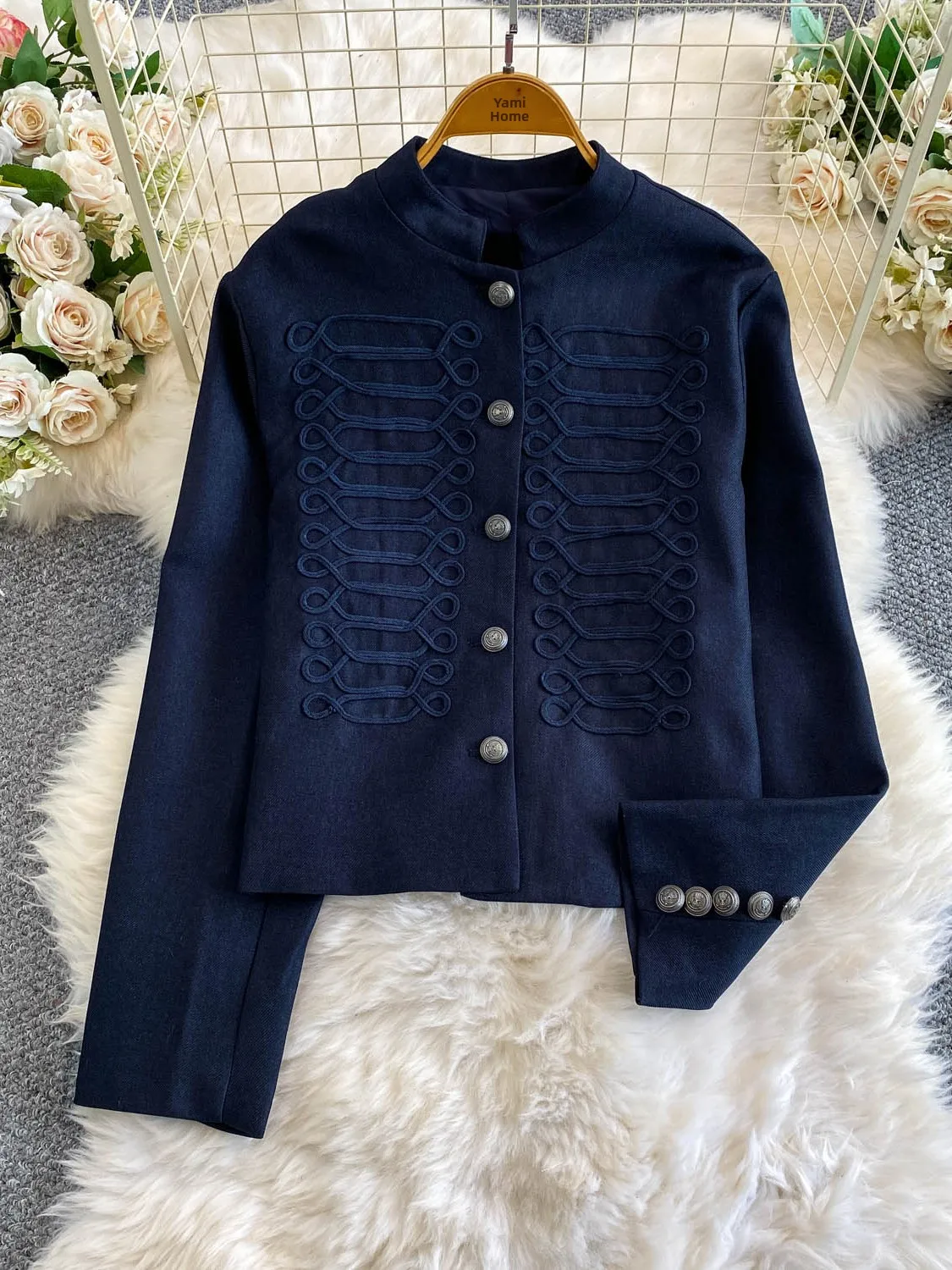 Retro British Style Knitted Metal Buckle round Neck Outerwear Women's Loose Slimming Single Button Coat Long Sleeve  Color