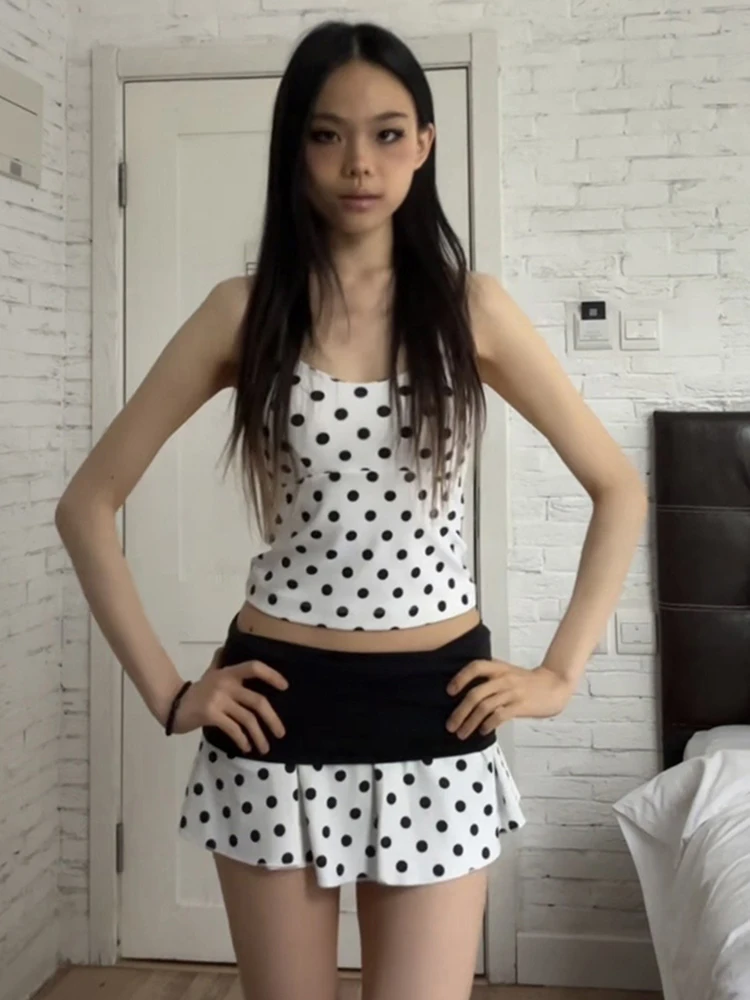 

Weird Puss винтажный укороченный топ и юбка с принтом в горошек, женский летний модный повседневный комплект из двух предметов для подростков