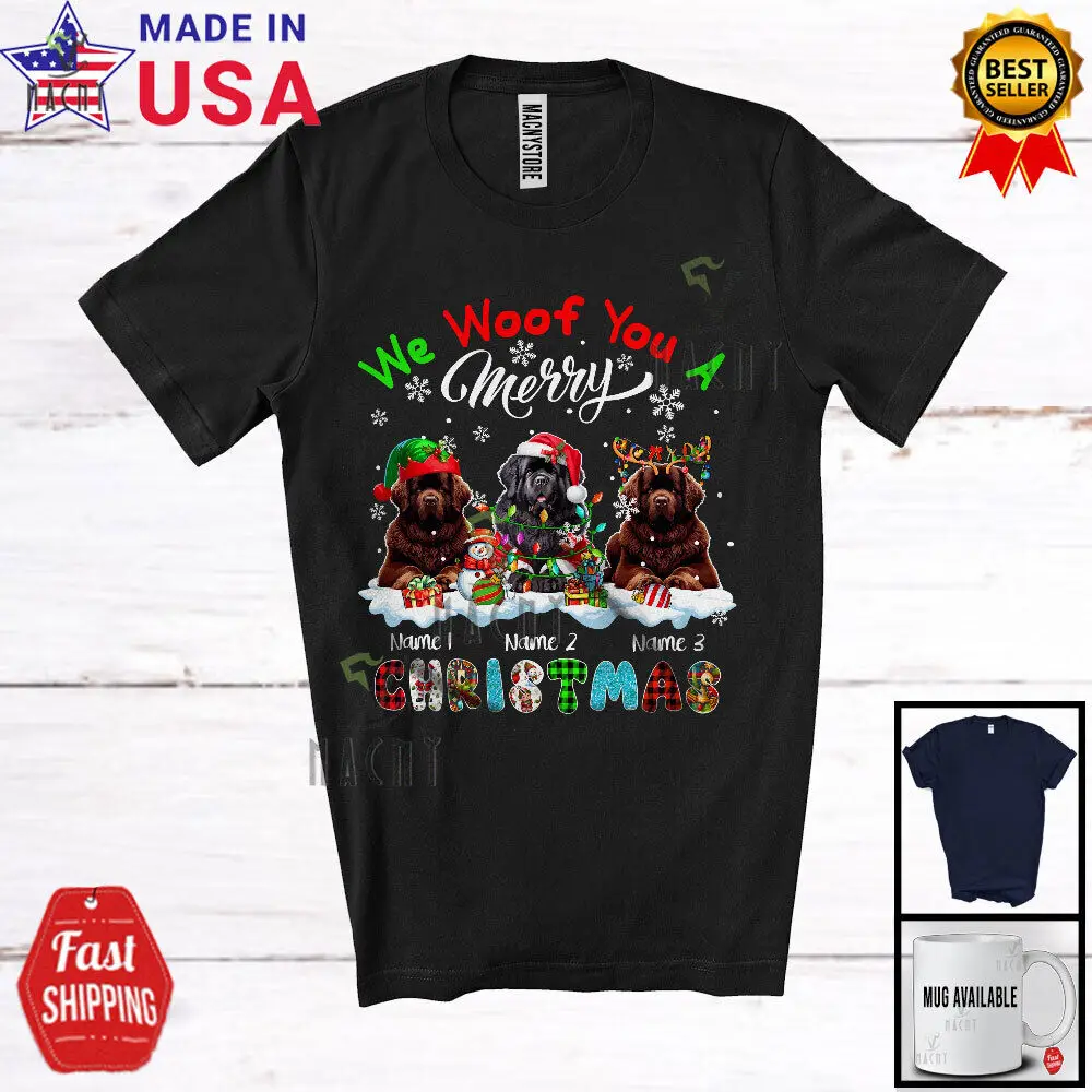 

We Woof You A Merry Christmas; Lovely Plaid Newfoundlands Custom Name T-Shirt