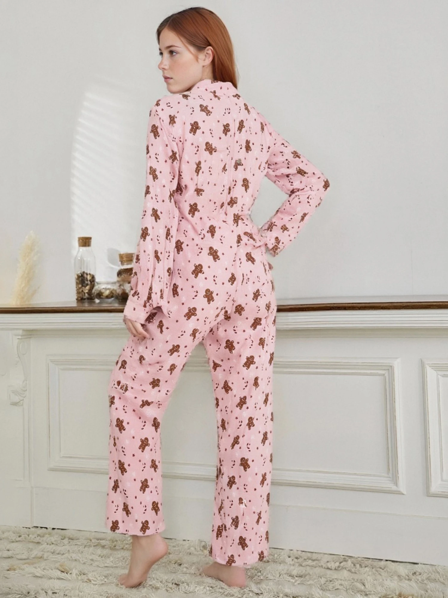 Roupas femininas de Natal casual estampa de pão de gengibre tops de manga comprida e calças elásticas conjunto de 2 peças streetwear