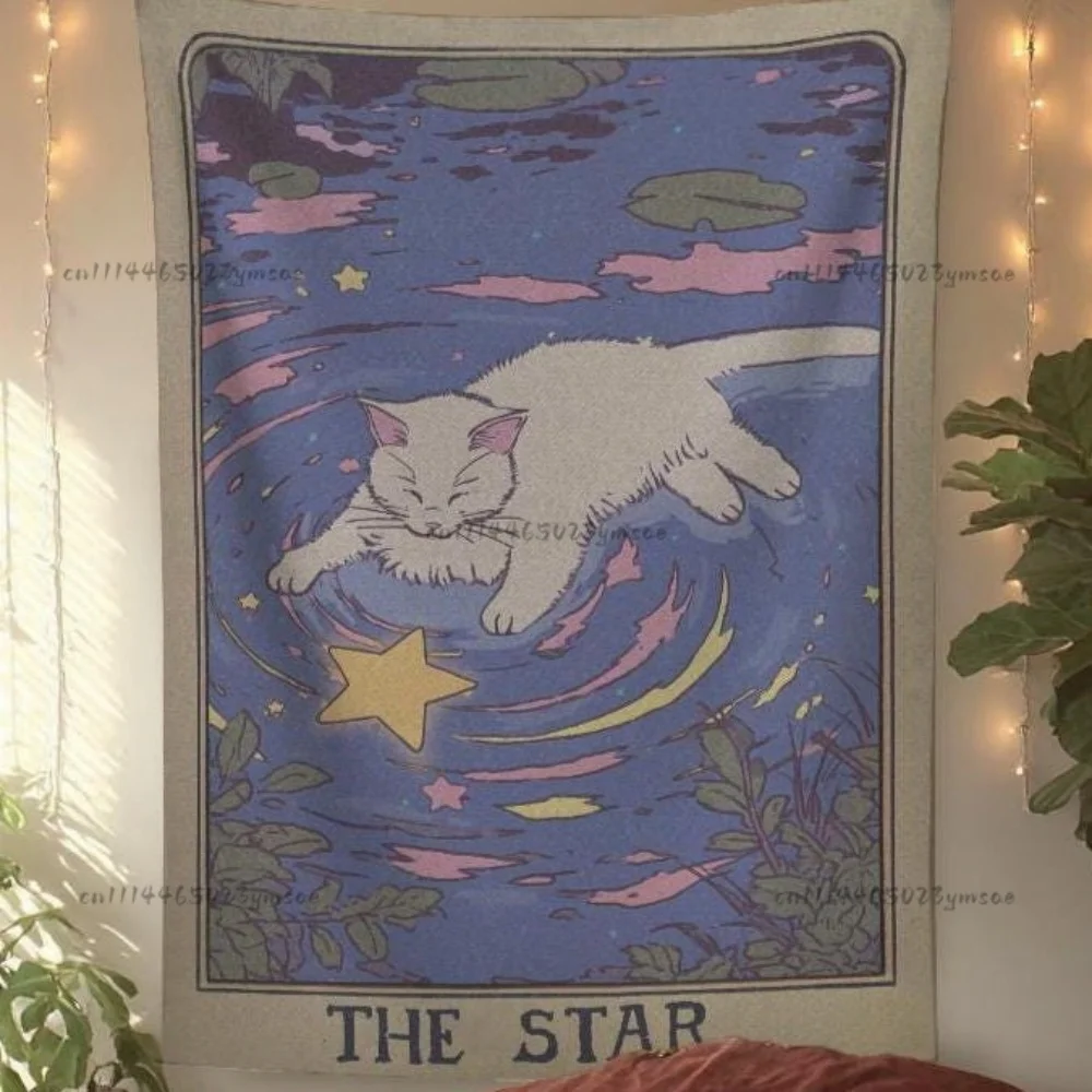Cute Cat Star Funny Tapestry Tarot Card Tapestry Aesthetic Mystical Wall Decor Tapestry Hippie Bohemian Mandala Flags Home Decor