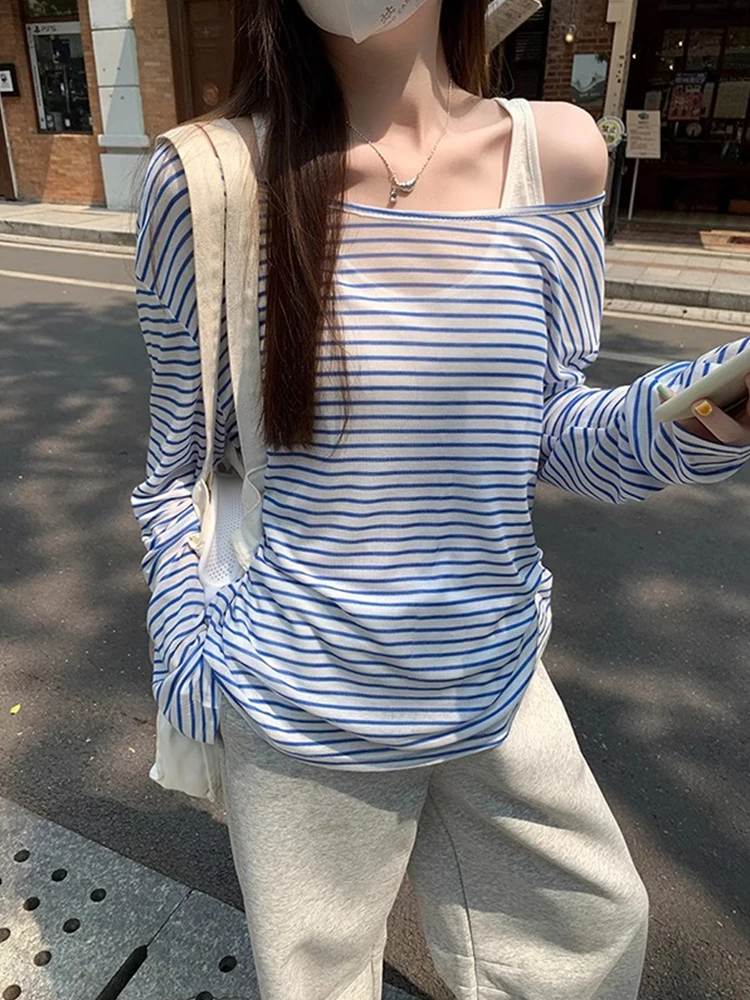 Korean Style Women's Summer Sleeveless Top And Vest Set with Shoulder Stripes Lightly See-through Sun Protection Two-piece Ou...