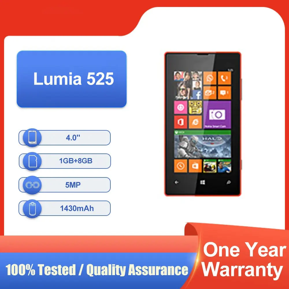 الأصلي مقفلة Lumia 525 شريحة واحدة 8GB ROM 1GB RAM 4.0 "بلوتوث شحن سريع 3G LCD الهاتف المحمول في حالة جيدة