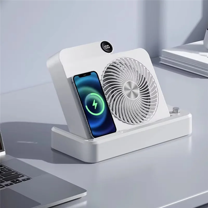 A15Q-Desktop Fan Air Circulator Fan With Wireless Charger Angled Base 100 Speed Adjustment Digital Display Cooling Device