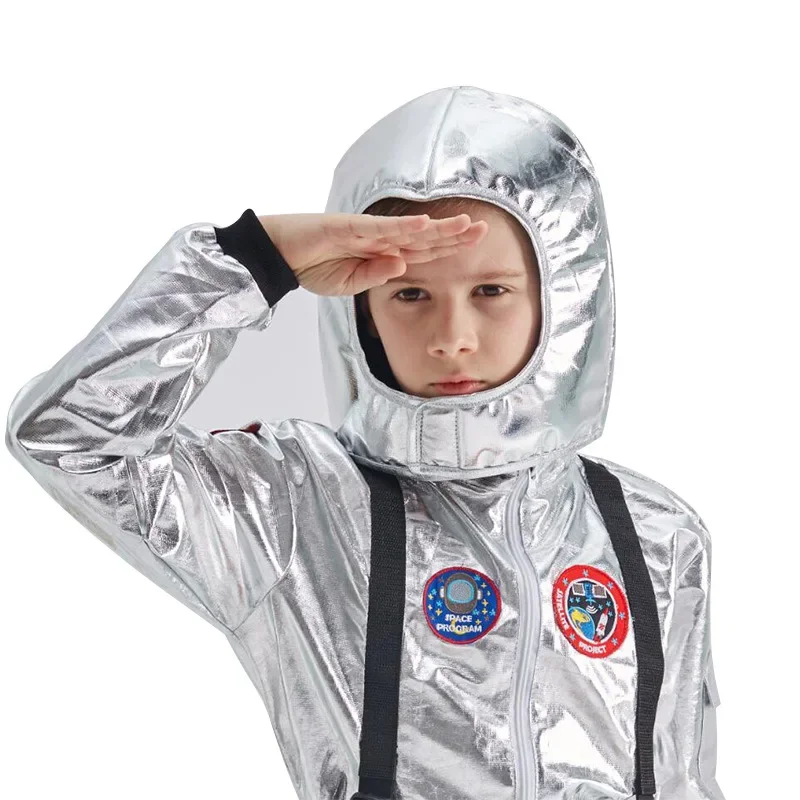 Silver Spaceman Jumpsuit Boys Astronaut Costume For Kids Halloween Cosplay Children Pilot Carnival Party Fancy Dress