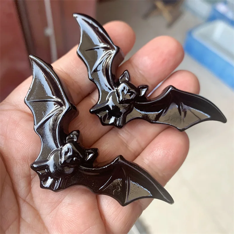 Figurine d'ailes de chauve-souris en obsidienne noire naturelle artisanat, cristaux de guérison, sculpture, cadeau d'Halloween, décoration de la maison, 1 pièce