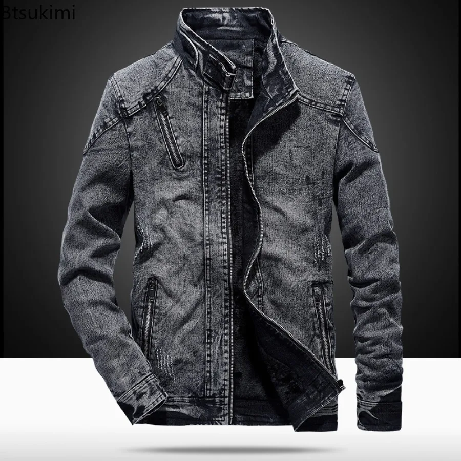New Vintage Men's Denim Jackets Fashion Stand Collar Zip Casual Jean Coats Fleece Lining Thicked Warm Autumn Winter Men Clothing