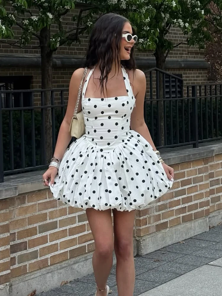 TARUXY Polka Dot Vacation Mini Dress For Women High Waist A-line Ball Gown  Dress Sleeveless Halter Neck Female Summer Fashion - AliExpress 200000345