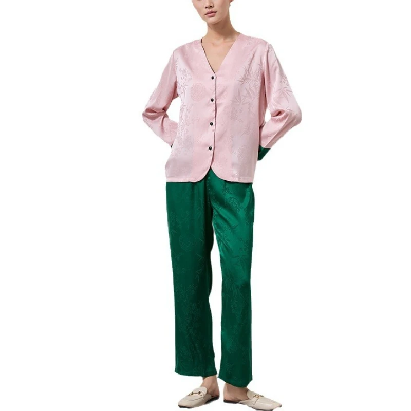 Krismile Women's Pajama Sets 2025 Spring Autumn New Chinese Style Jacquard Spliced Single Breasted Top Straight Pants Satin Suit