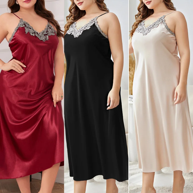 

Cross-Border Sexy Plus Size Robe Strap Nightdress Set Ice Silk Silk Pajamas Homewear Nightgown Spring Summer Pajamas