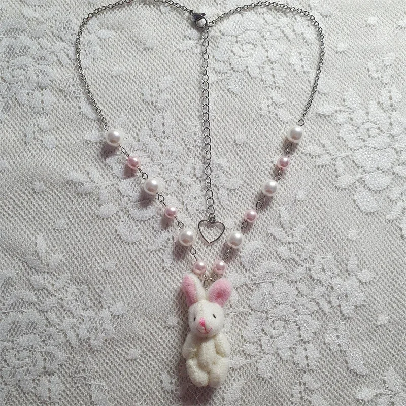 Kawaii Soft Plush Bunny Pendant Necklace Cute Fashion Animal Pink Beaded Chain Y2K Fairy core Coquettish Aesthetic Jewelry Gift