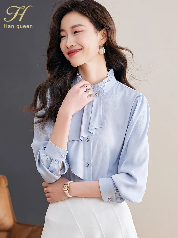 H Han Queen New 2024 Autumn Womans Clothing Loose Long Sleeve Chiffon Shirts & Blouses Ruffles Formal Casual Tops Vintage Shirt