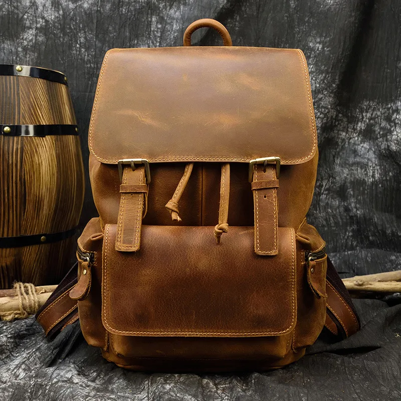 Crazy Horse Leather Backpack Men's Vintage Travel Satchel Bags College Schoolbag Large Capacity Backpack Laptop Bag High-quality