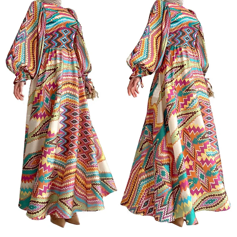 

Muslim Fashion Abaya Autumn New Fashion Lazy Resort Style V-Neck Printed Long Sleeve Irregular Slit Tied Women's Dresses