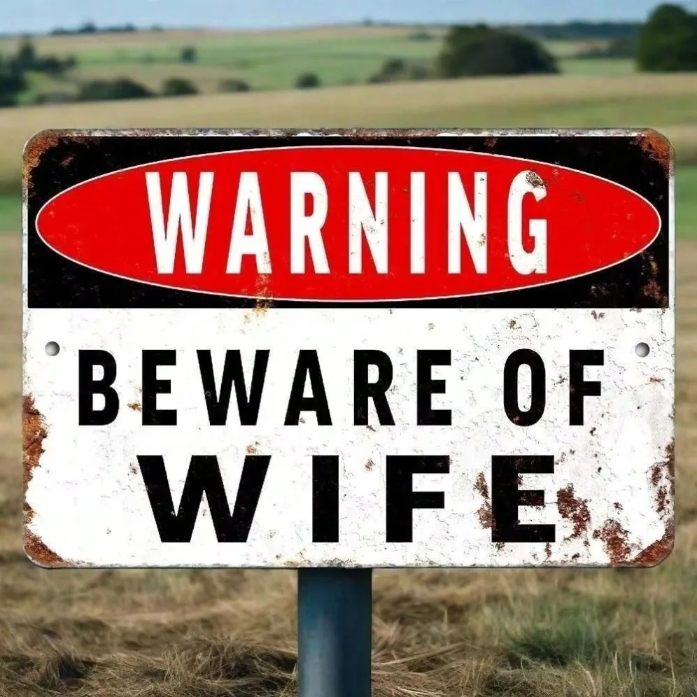 

Vintage "Beware Of Wife" Humorous Round Aluminum Sign Funny Sarcastic Wall Art for Man Cave Bar Decor