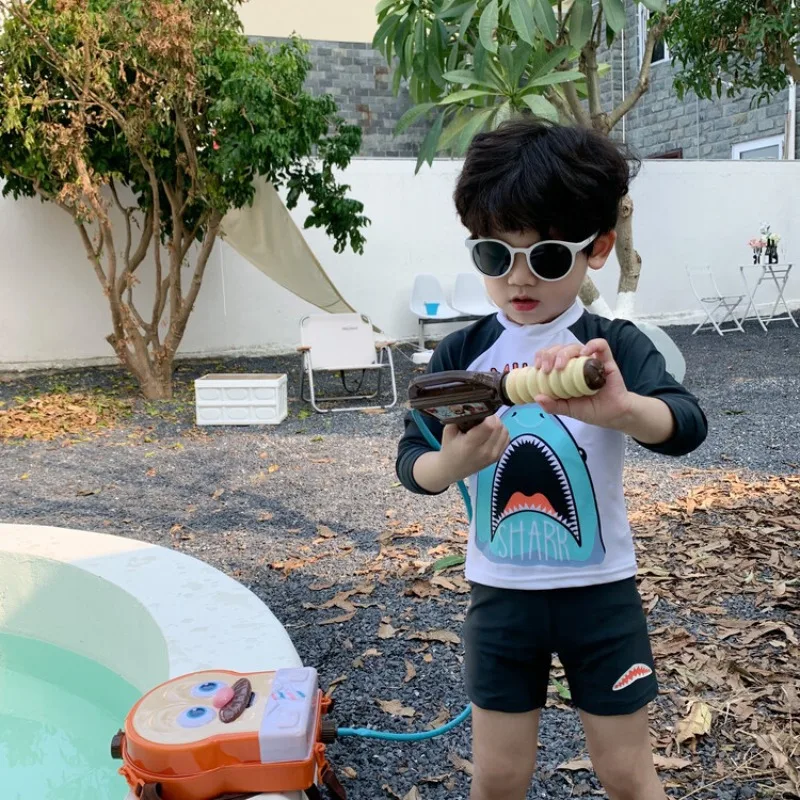 Conjunto de traje de baño de manga larga para niños, bañador de secado rápido con tiburón de dibujos animados, traje de surf