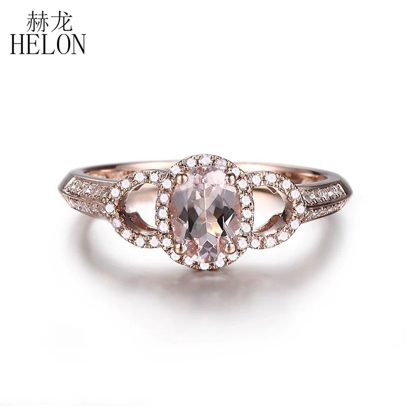 

HELON Solid 18K 14K 10K Rose Gold Oval 6X4mm Natural Morganite Diamonds Women Fine Jewelry Gemstone Engagement Wedding Ring Gift