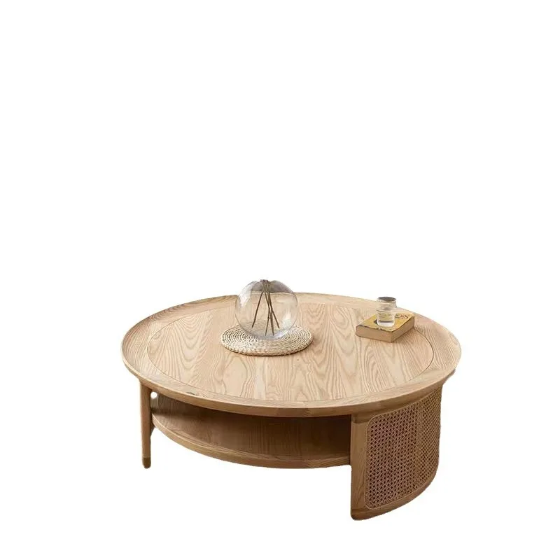 Solid wood round coffee table, Japanese-style tatami small apartment rattan tea table, coffee table storage round, homestay