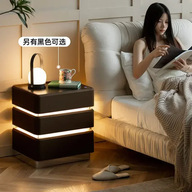 Simple Smart Bedside Table Solid Wood Nightstands with LED Light Wireless Charging Luxury Night Stands for Bedroom Furniture