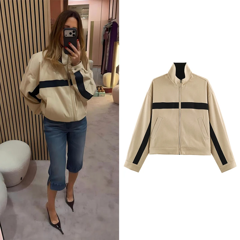 Guobioziy Women's Short Jacket 2026 Autumn New Release, Colour-Blocked Striped Stand Collar Sportswear for Everyday Casual Wear