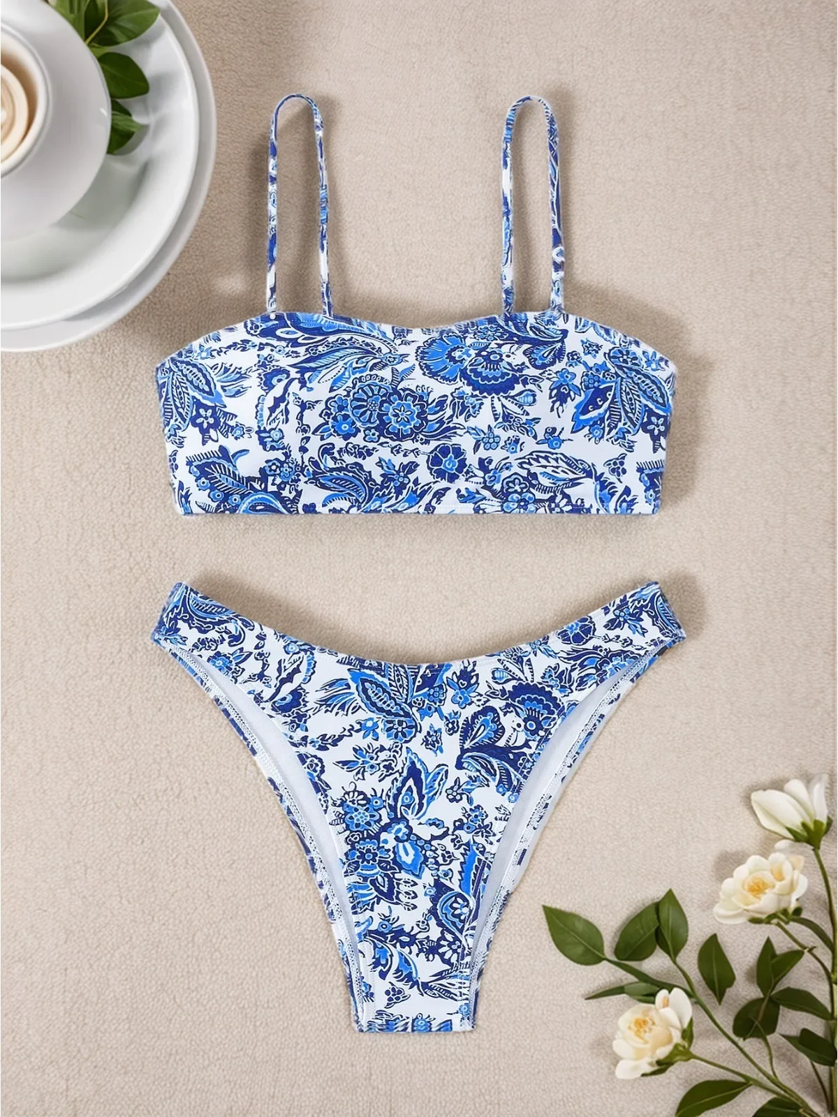 Sexy 2-piece Swimsuit for Women Blue and White Porcelain Printing Bikini Set Suspender Backless Beach Vacation Swimwear 2025 New