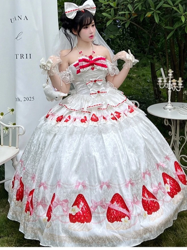 甘いイチゴプリントプリンセスフラワーウェディングドレス女性の記念日パーティーイブニングドレス女の子かわいいリボンチューブトップスカートセット