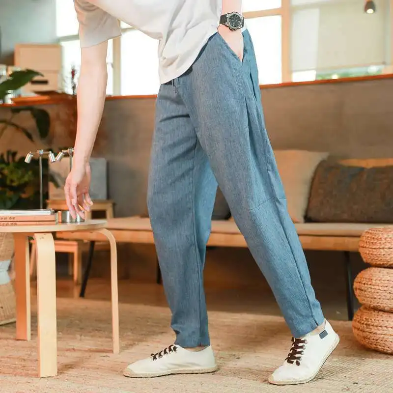 

Vintage Chinese Summer Casual Pants Men Solid Thin Cotton Hemp Pocket Elastic Waist Drawstring Straigh Loose Haren Trousers