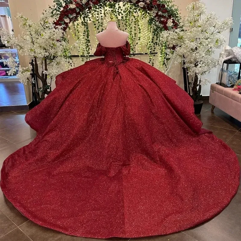 فساتين ANGELSBRIDEP باللون الأحمر الخمري اللامع من Quinceanera تول دانتيل مطرز بالترتر من فيستدوس دي 15 أنوس لعيد الميلاد الرسمي حسب الطلب