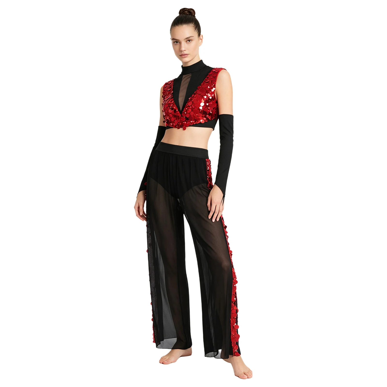 

Women Lyrical Dance Outfit Skating Gymnastics Ballet Modern Dancewear Shiny Sequin Crop Top with Pants Built-in Briefs Gloves