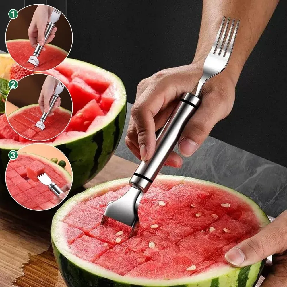 2-In-1 Stainless Steel Fruit Cutter Watermelon Fork Slicer Cutting Tool, Watermelon Fork Cutter for Home Party Camping Kitchen Gadget (1 Pcs)