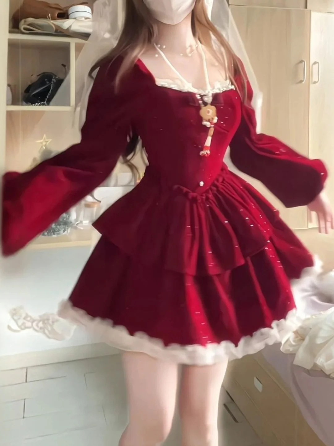 

Red Velvet Puffy Skirt Dr Women's Spring New Year's Beautiful High Waist ort Dr Soft Cotton Long Sve Knot